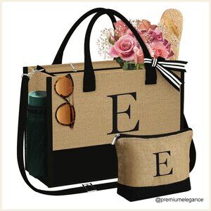 Large Personalized Jute Tote Bag with Makeup Pouch, Adjustable Strap
